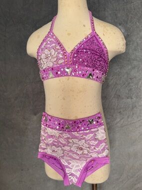 Kids Dance Costume Two-Piece Halter Set w/rhinestones